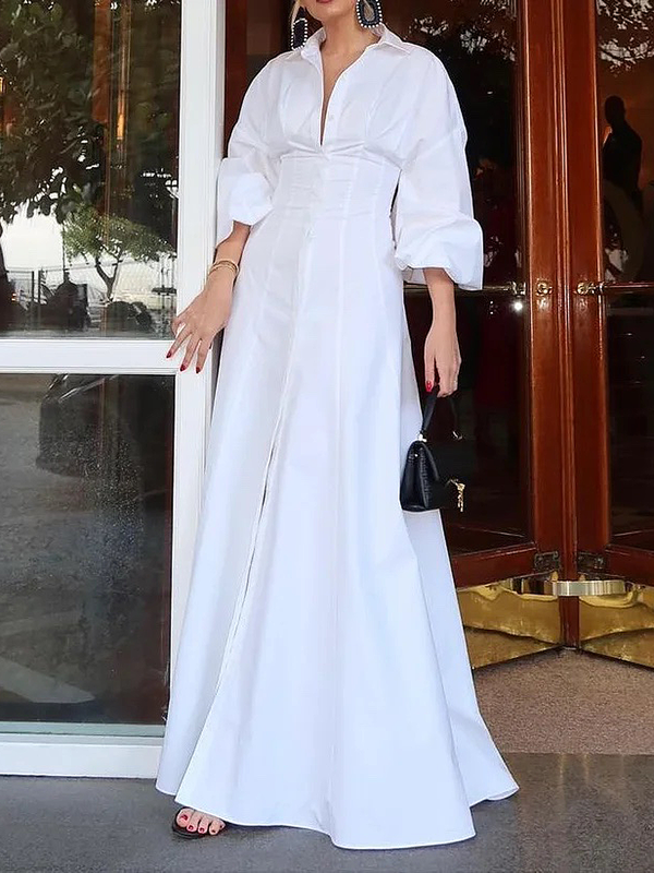 High Waisted Long Sleeves Buttoned Solid Color Lapel Maxi Dresses