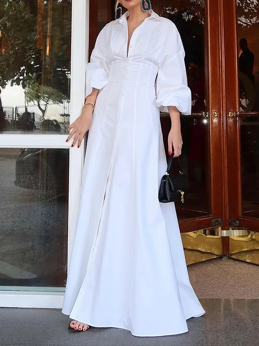 High Waisted Long Sleeves Buttoned Solid Color Lapel Maxi Dresses