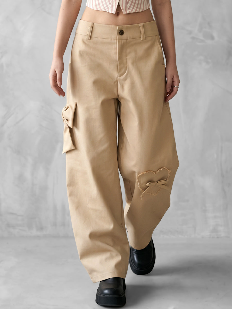 High Waisted Loose Bowknot Buttoned Pockets Solid Color Split-Joint Zipper Pants Trousers