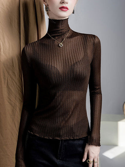 Long Sleeves Plus Size Mesh See-Through Slightly Sheer Split-Joint High Neck T-Shirts
