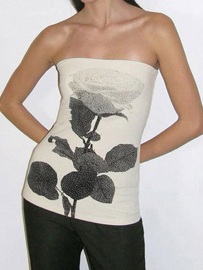 Skinny Sleeveless Contrast Color Flower Print Split-Side Tube Vest Top