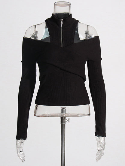 Long Sleeves Skinny Hollow Split-Joint Zipper High-Neck Pullovers Sweater Tops