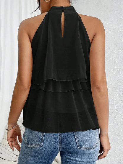 Sleeveless Hollow Ruffle Trim Solid Color Split-Joint Halter-Neck Tank Top