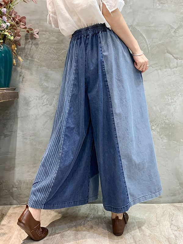 Loose  Drawstring Elasticity Plaid Split-Joint Ninth Jean Pants Bottoms