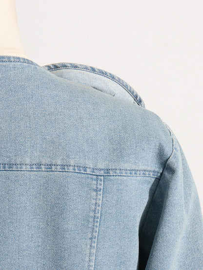Long Sleeves Loose Buckle Three-Dimensional Flower Round-Neck Denim Jackets Outerwear