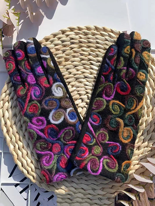 Women Retro Embroidery Warm Cycling Gloves