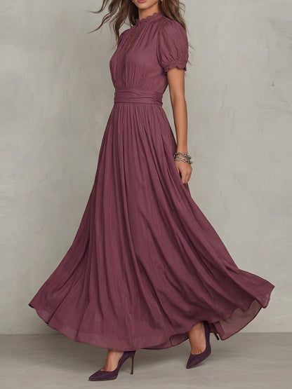 High Waisted Plus Size Buttoned Pleated Solid Color Round-neck Maxi Dresses