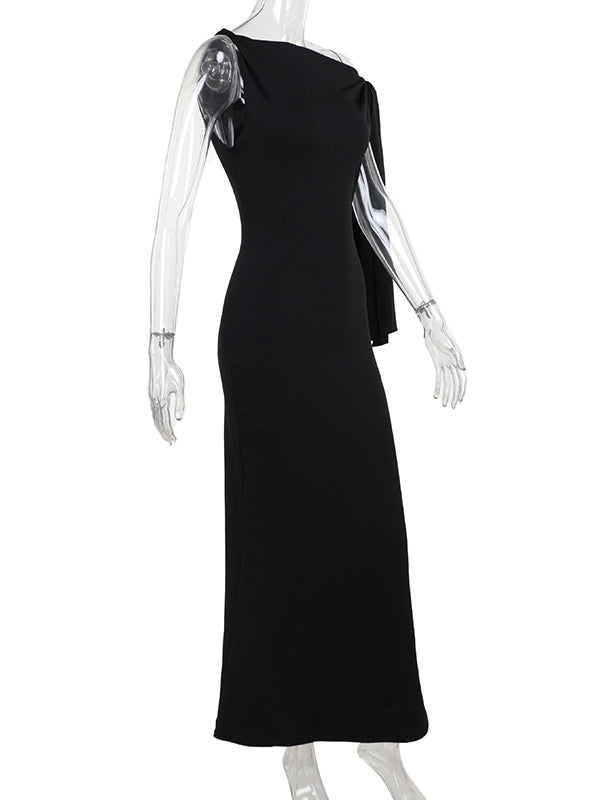 Skinny Sleeveless Asymmetric Solid Color Split-Joint Streamer One-Shoulder Evening Dresses Maxi Dresses