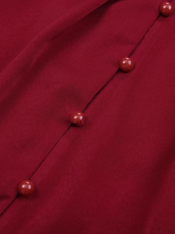 Loose Puff Sleeves Pleated Solid Color Split-Joint Stand Collar Blouses