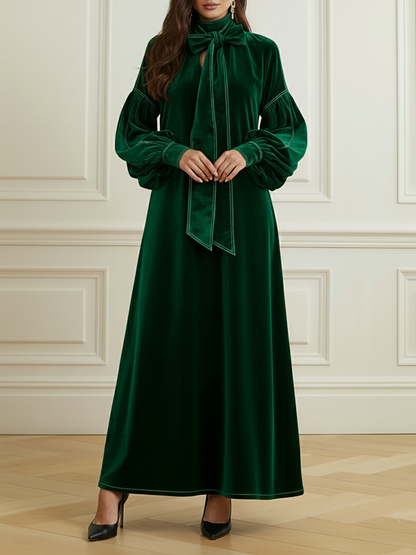 A-Line Long Sleeves Bow-Embellished Pleated Solid Color Split-Joint High Neck Maxi Dresses