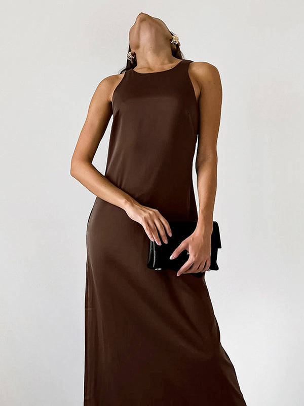 Loose Sleeveless Solid Color Split-Back Split-Joint Round-Neck Maxi Dresses