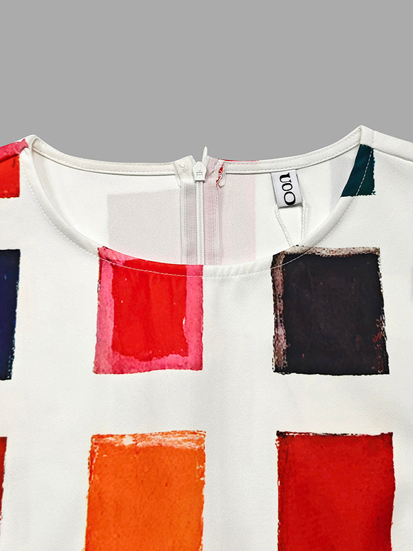 A-Line Loose Contrast Color Pockets Split-Side Round-Neck Midi Dresses