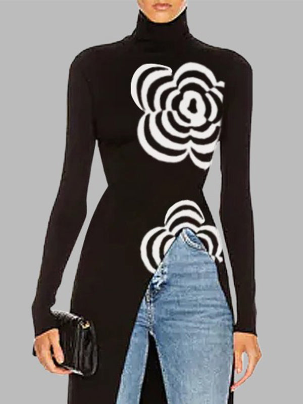 Long Sleeves Asymmetric Printed Split-Joint High Neck Pullovers Sweater Tops