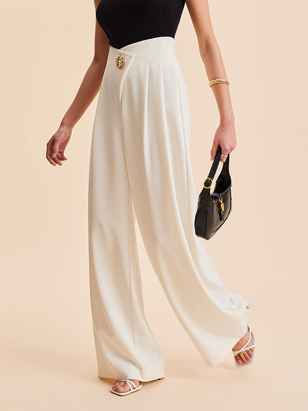 High Waisted Loose Buttoned Pleated Solid Color Pants Trousers