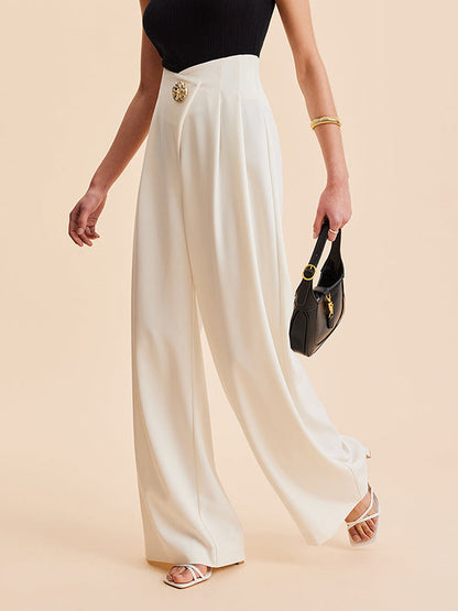 High Waisted Loose Buttoned Pleated Solid Color Pants Trousers