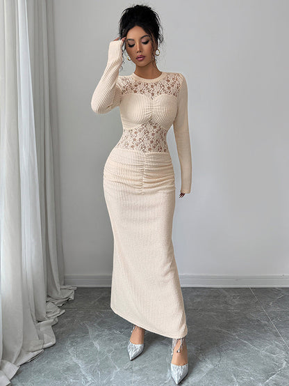 Bodycon Long Sleeves Hollow Lacy Pleated Solid Color Split-Back Split-Joint Zipper Round-Neck Maxi Dresses