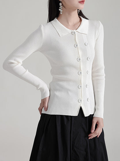 Long Sleeves Skinny Buttoned Solid Color Lapel Cardigan Tops