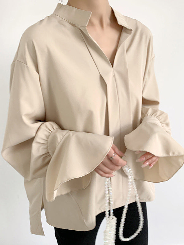 Flared Sleeves High-Low Buttoned Solid Color Split-Side V-Neck Blouses&Shirts Tops
