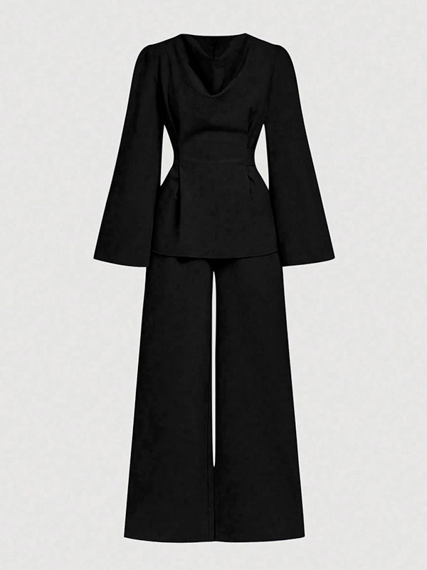 Long Sleeves Solid Color Split-Joint Tied Waist V-Neck Blouses&Shirts Tops