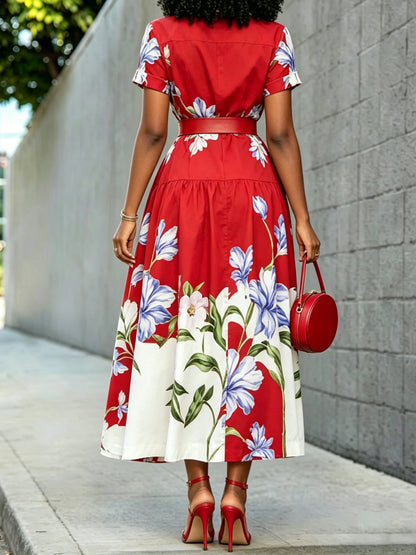 High Waisted Loose Buttoned Contrast Color Flower Print No Belt Pleated Split-Joint Lapel Midi Dresses Shirt Dress