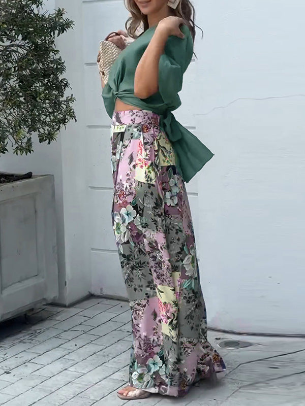 Wide Leg Bandage Bowknot Floral Printed Pockets Shirts Tops&Pants Suits