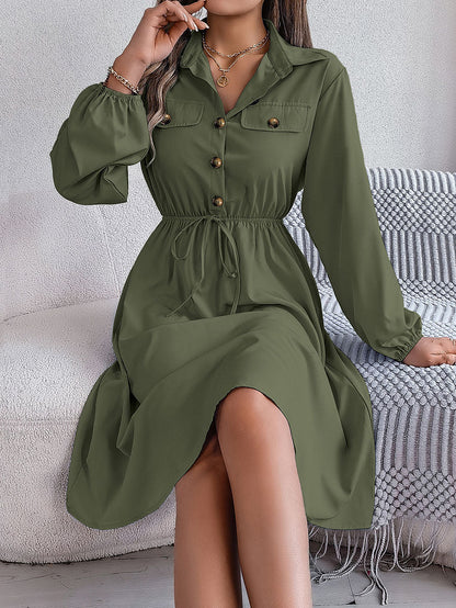 A-line Long Sleeves Buttoned Pleated Solid Color Tied Lapel Midi Dresses Shirt Dress