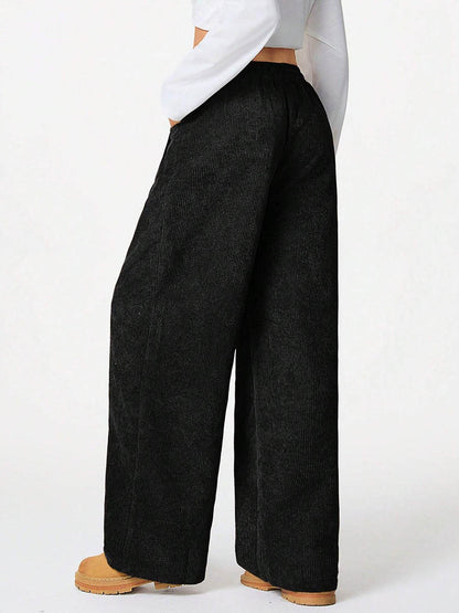 High Waisted Wide Leg Drawstring Elasticity Pockets Solid Color Pants Trousers