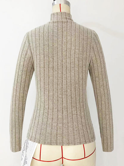 Long Sleeves Skinny Pleated Solid Color Split-Joint High Neck Sweater Tops