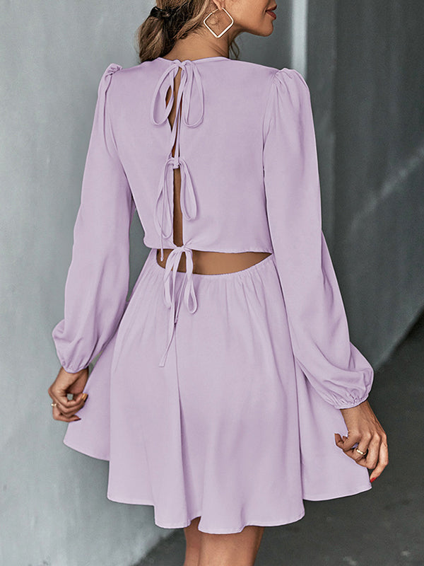 A-Line Bishop Sleeve Backless Elasticity Hollow Pleated Solid Color Tied Round-Neck Mini Dresses