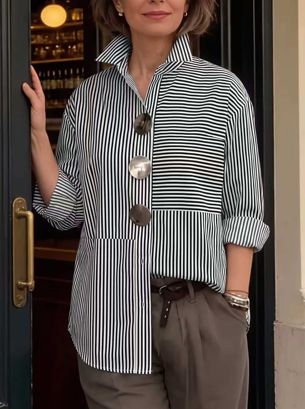 Striped Split-Joint Contrast Color Buttoned Loose Long Sleeves Lapel Blouses&shirts Tops
