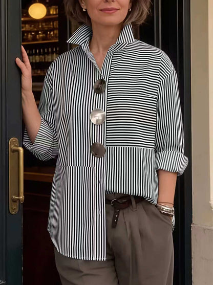 Striped Split-Joint Contrast Color Buttoned Loose Long Sleeves Lapel Blouses&shirts Tops