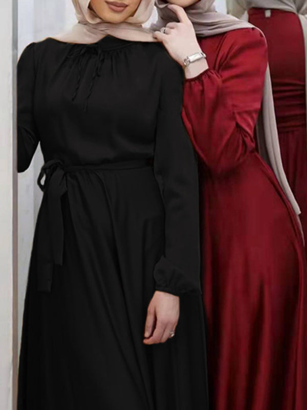 Long Sleeves Loose Pleated Solid Color Tied Waist Maxi Dresses