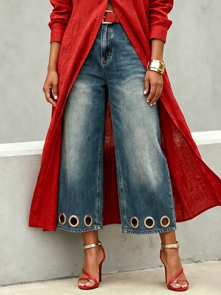 Loose Wide Leg Hollow Pockets Jean Pants Bottoms