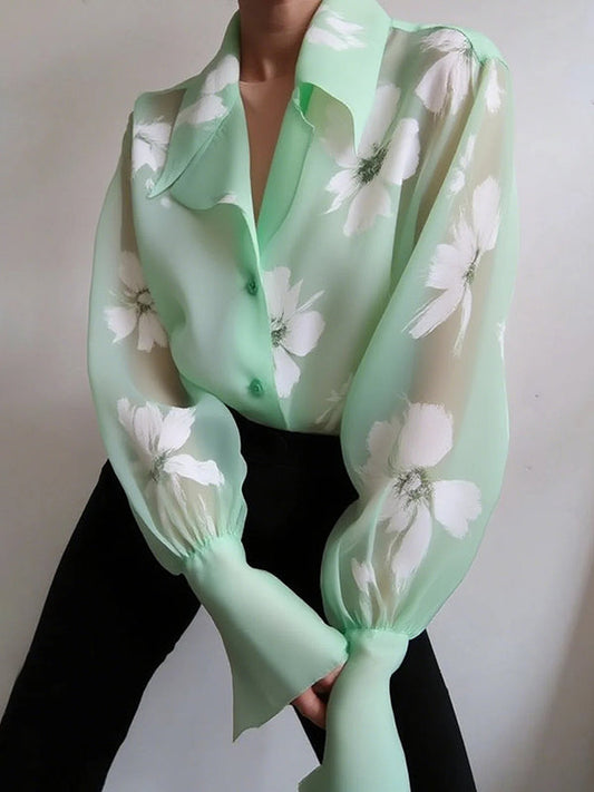 Puff Sleeves Floral Printed Gauze Pleated See-Through Split-Joint Lapel Blouses&Shirts Tops