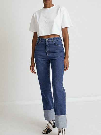 Loose Short Sleeves Solid Color Round-Neck T-Shirts Tops