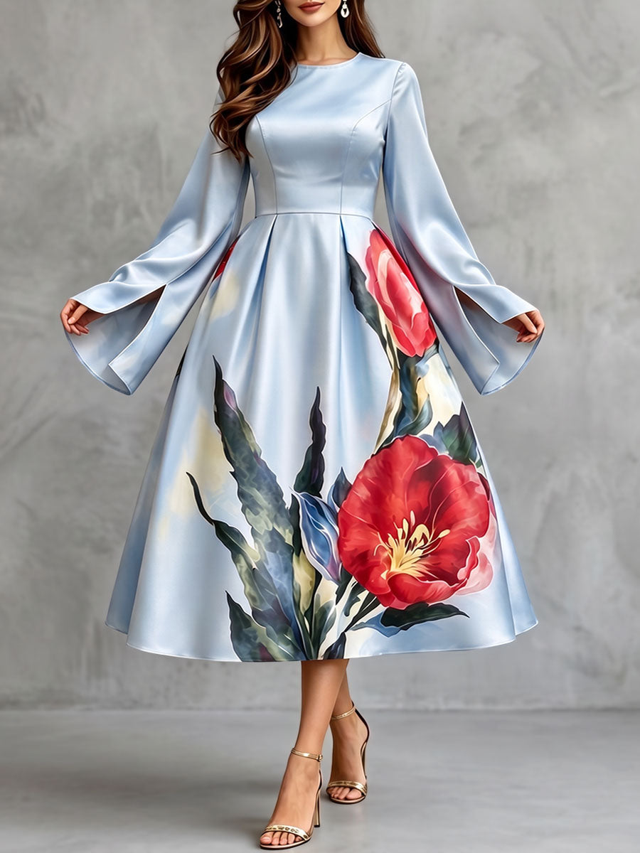 Zipper Pleated Flower Print Contrast Color Long Sleeves High Waisted Round-neck Midi Dresses