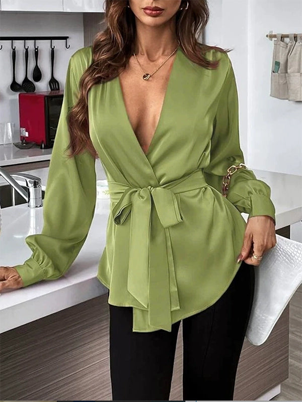 Loose Puff Sleeves Pleated Solid Color Split-Joint Tied Waist V-Neck Blouses&Shirts Tops