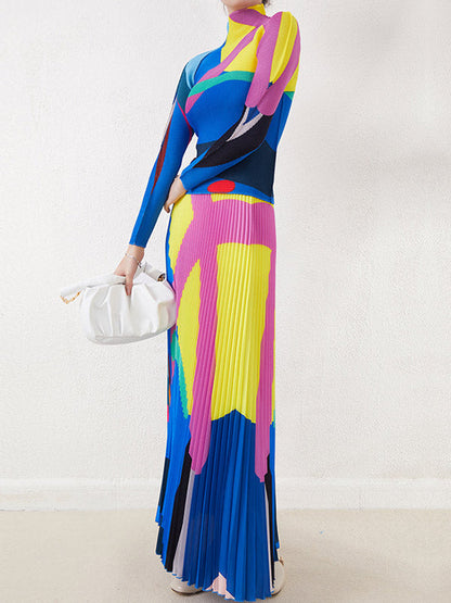 Long Sleeves Contrast Color Pleated Mock Neck T-Shirts Tops