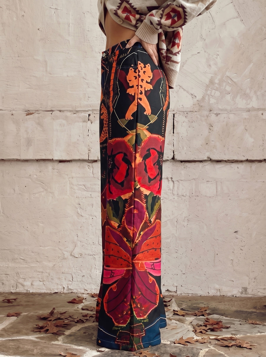 High Waisted Plus Size Buttoned Pockets Printed Pants Trousers