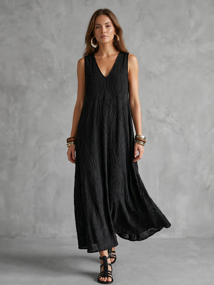 A-Line Loose Jacquard Solid Color V-Neck Midi Dresses