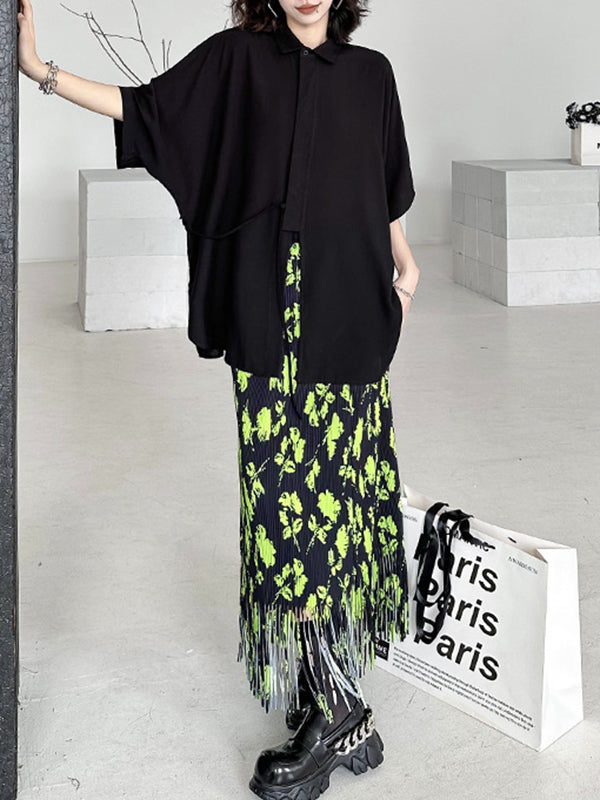 High Waisted H-Line Pleated Printed Split-Joint Tasseled Skirts