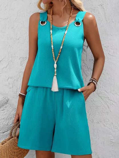 Loose Solid Color Round-Neck Sleeveless Hollow Blouses&Shirts Tops + Pockets Shorts Bottoms Two Pieces Set