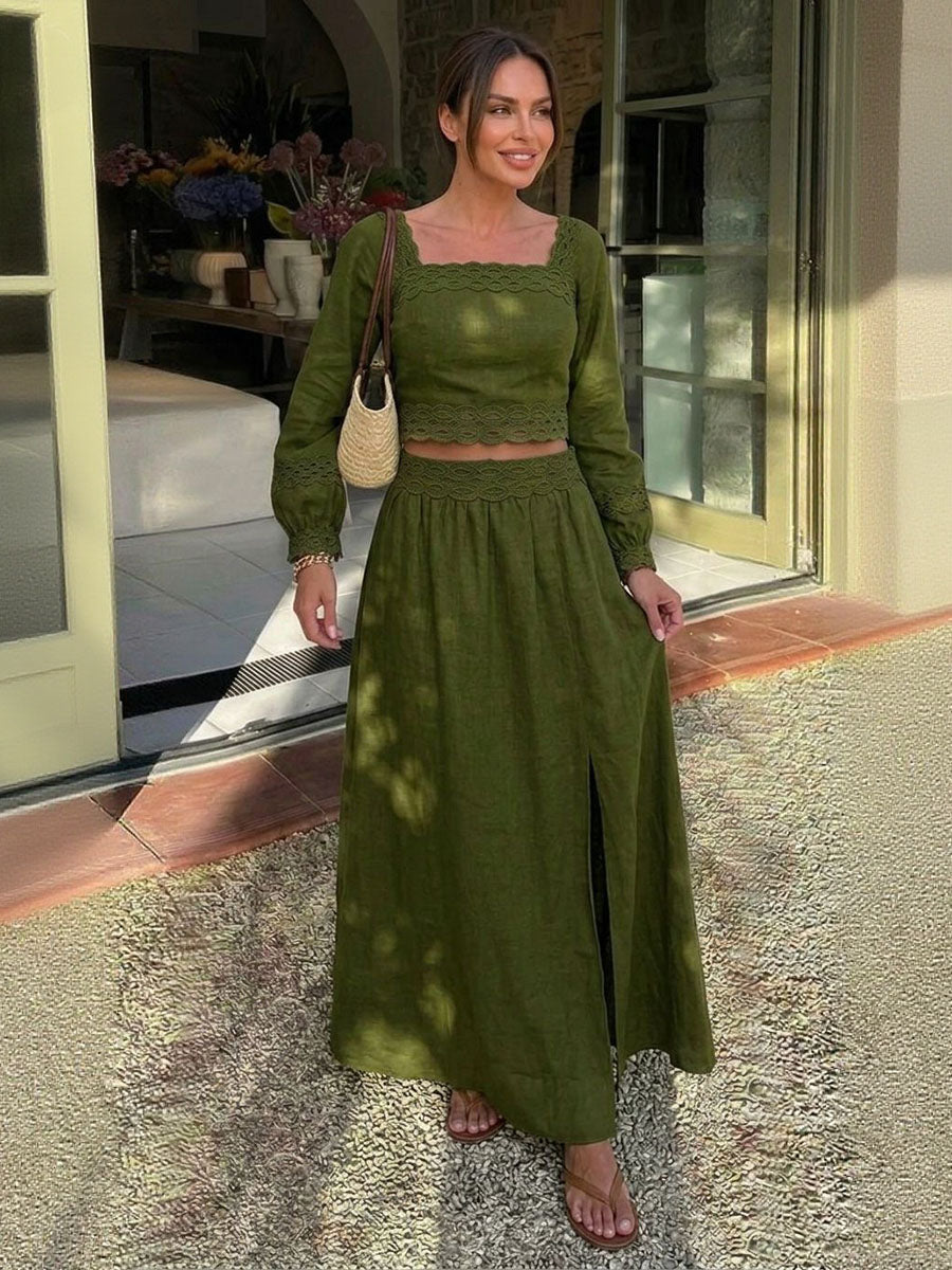 Split-side Solid Color Backless Long Sleeves High Waisted Square-neck Two Pieces Set Skirts Bottoms + Blouses&shirts Tops
