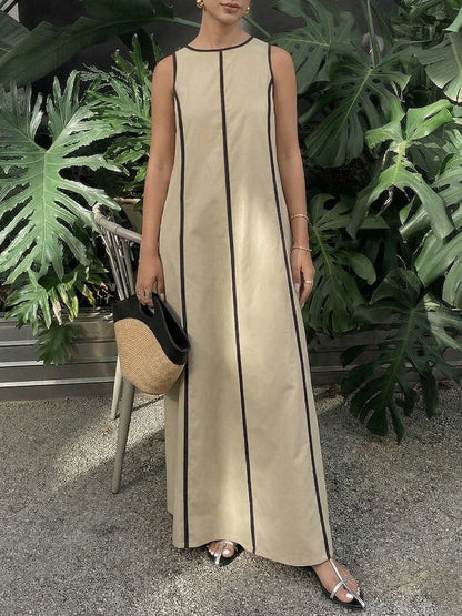 A-Line Loose Contrast Color Line Round-Neck Maxi Dresses