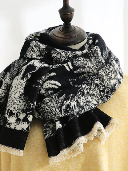 Contrast Color Floral Tasseled Shawl&Scarf