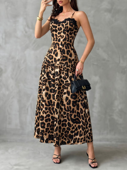 A-Line High Waisted Contrast Color Leopard Pleated Split-Joint Spaghetti-Neck Midi Dresses
