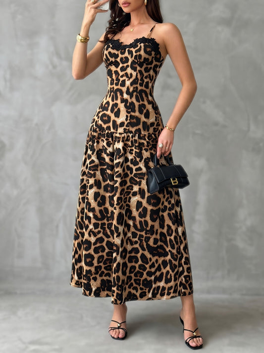 A-Line High Waisted Contrast Color Leopard Pleated Split-Joint Spaghetti-Neck Midi Dresses