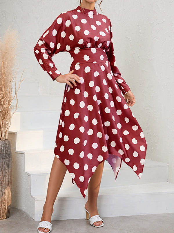 A-Line Long Sleeves Elasticity Hollow Polka-Dot Mock Neck Midi Dresses