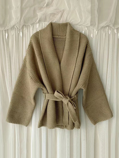 Long Sleeves Loose Solid Color Tied Waist V-Neck Cardigan Tops