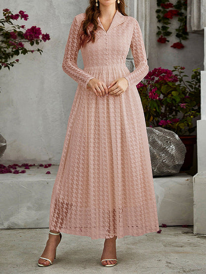 High Waisted Long Sleeves Buttoned Gauze See-Through Solid Color V-Neck Maxi Dresses